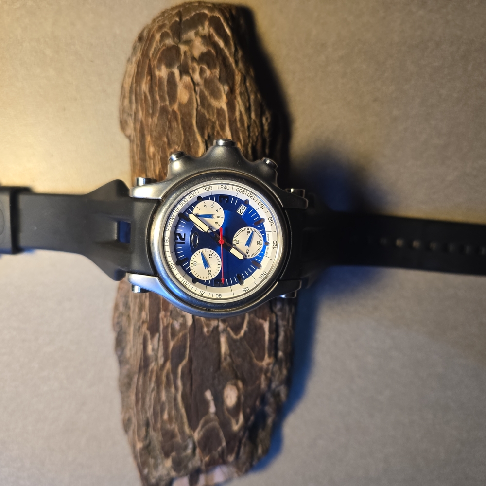 Black Chronograph Watch with Blue and White Dials